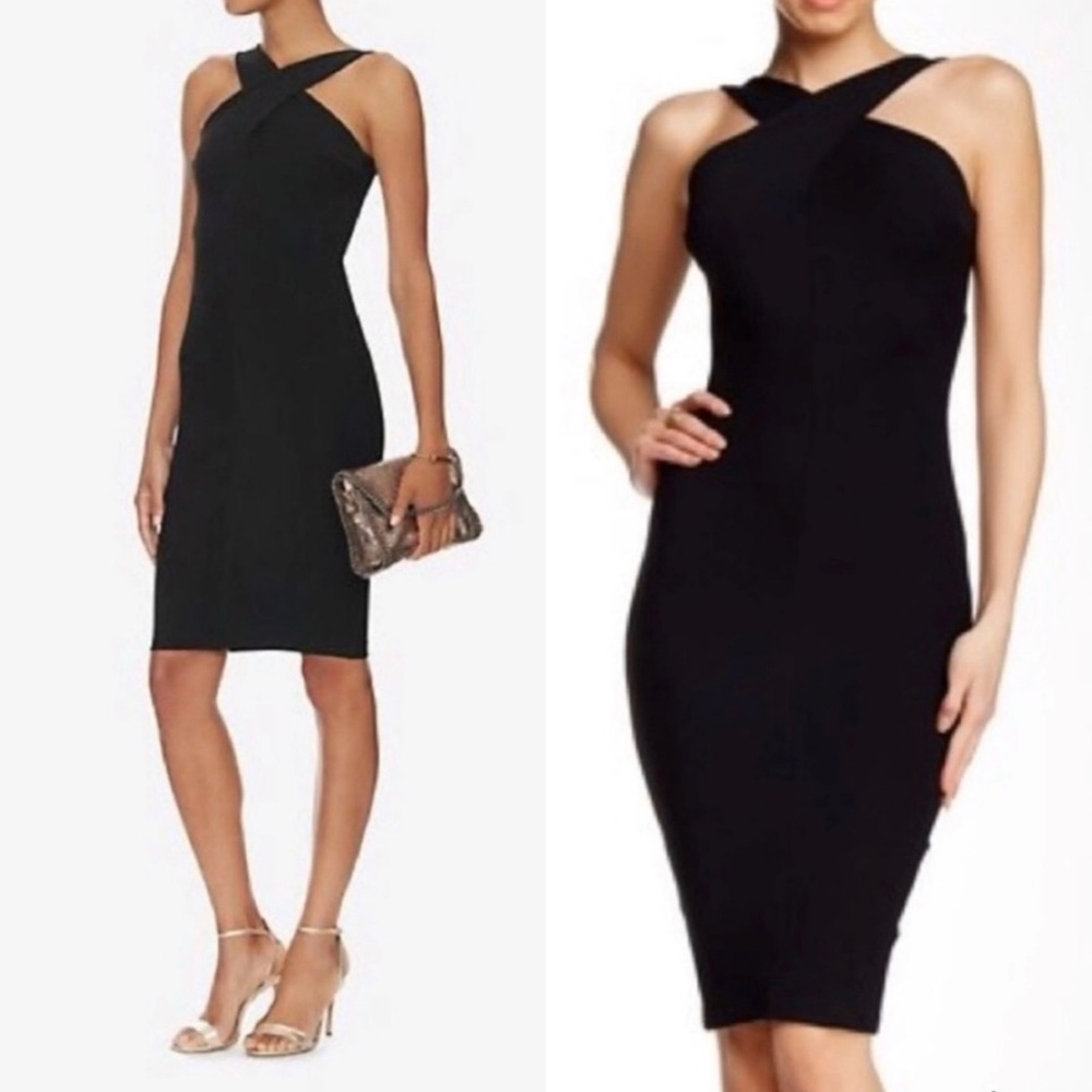 NADIA TARR Black Ribbed Scuba Cross Front Pencil Dress Black Small